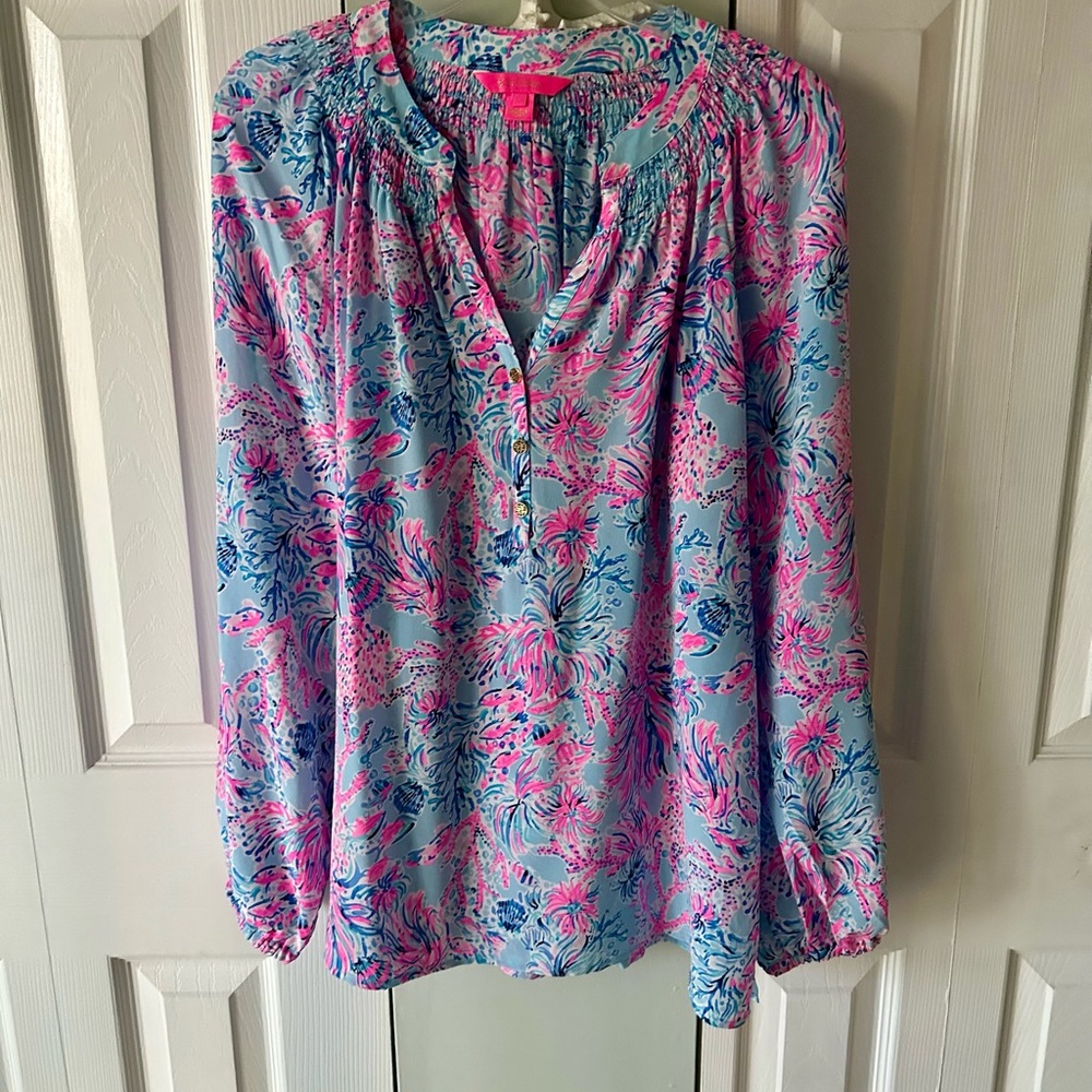 Lilly Pulitzer Pink and Blue Elsa Top.  Cabana Cocktail silk top. Size L